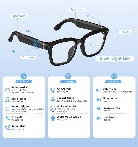 AI Smart Camera Glasses 1080P HD with Bluetooth, Voice Control & Hands-Free Video Recording