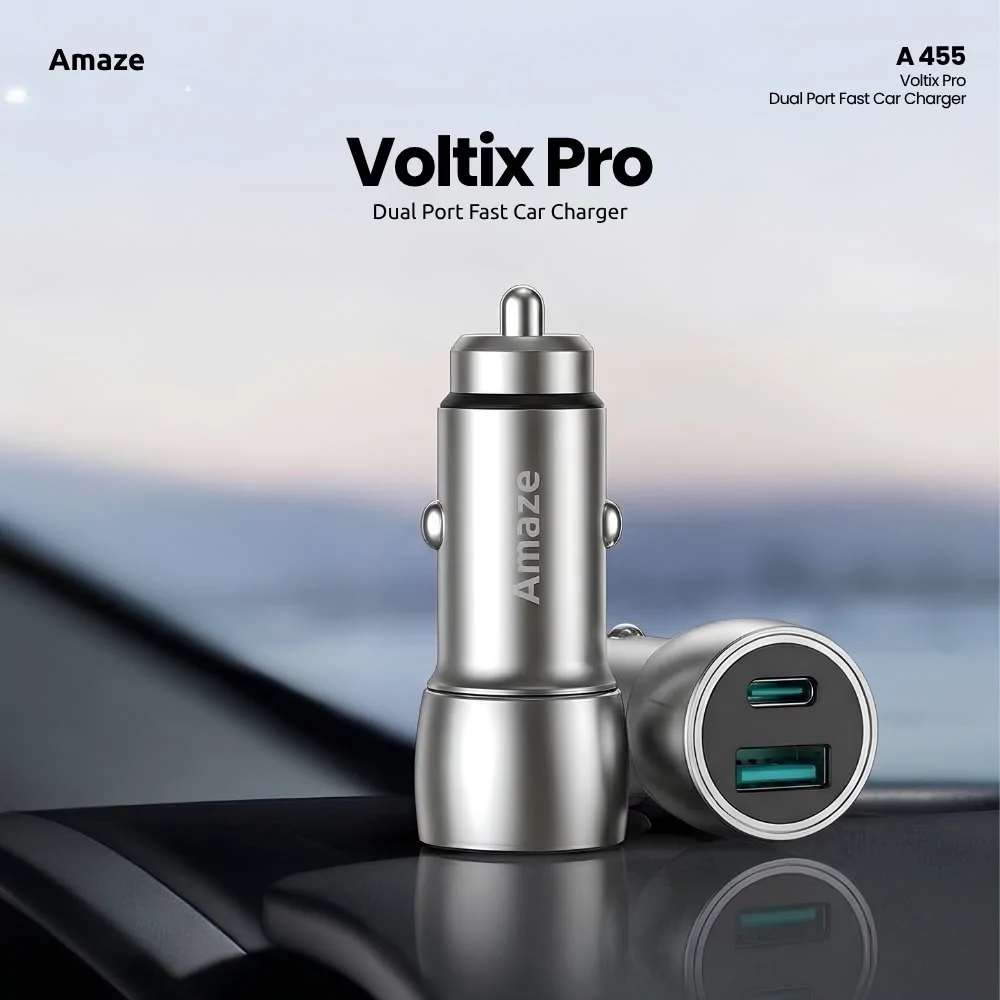 Amaze Voltrix Pro Dual Port Car Charger 48W – Fast USB + Type-C Car Charger