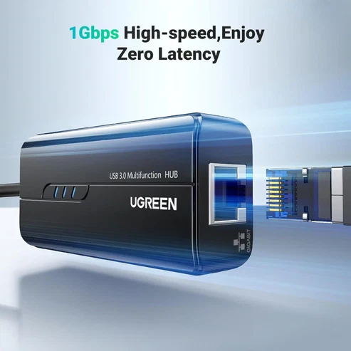 UGREEN 20265 USB 3.0 Gigabit Ethernet adapter with 3 USB ports and RJ45