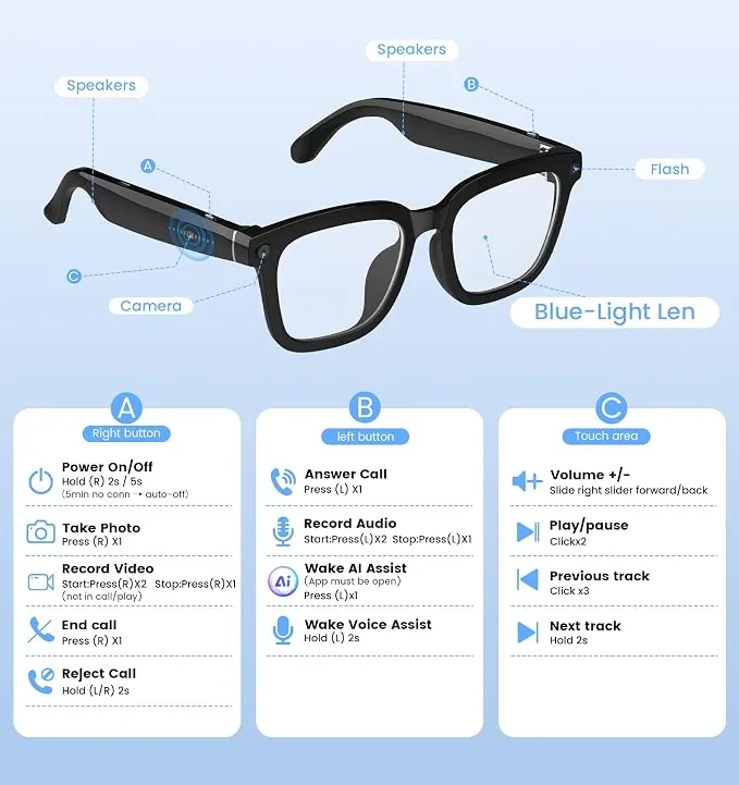 AI Smart Camera Glasses 1080P HD with Bluetooth, Voice Control & Hands-Free Video Recording
