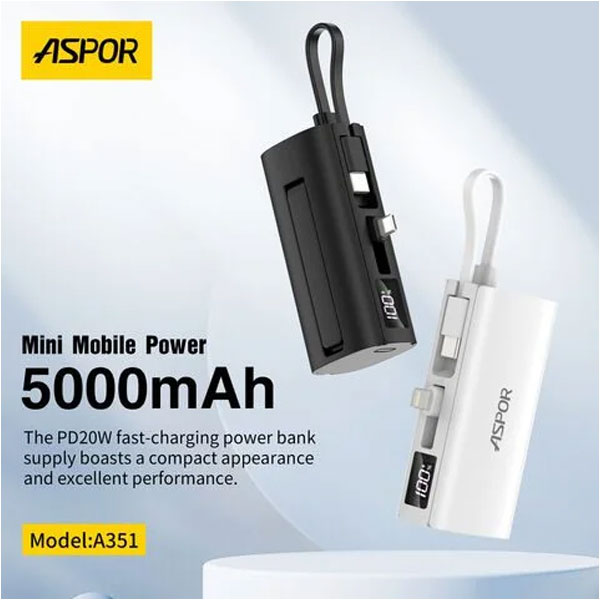 ASPOR A351 2-in-1 Mini 5000mAh Power Bank with iPhone & Type-C Connector