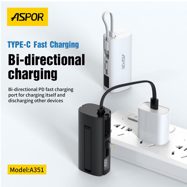 ASPOR A351 2-in-1 Mini 5000mAh Power Bank with iPhone & Type-C Connector