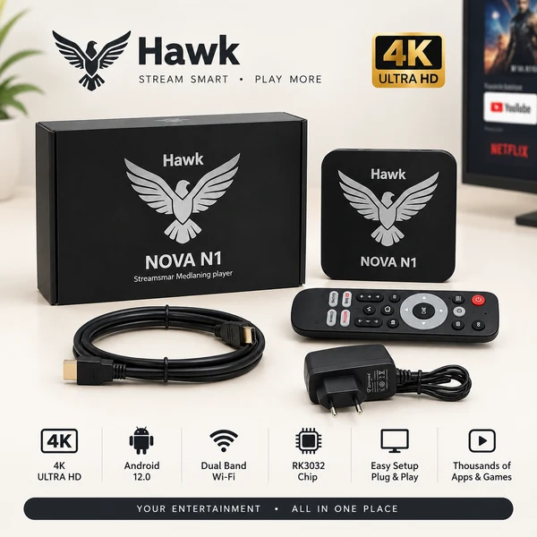 Hawk Nova N1 Smart TV Box 4GB RAM 128GB ROM – 4K Ultra HD Android TV Box with Voice Remote