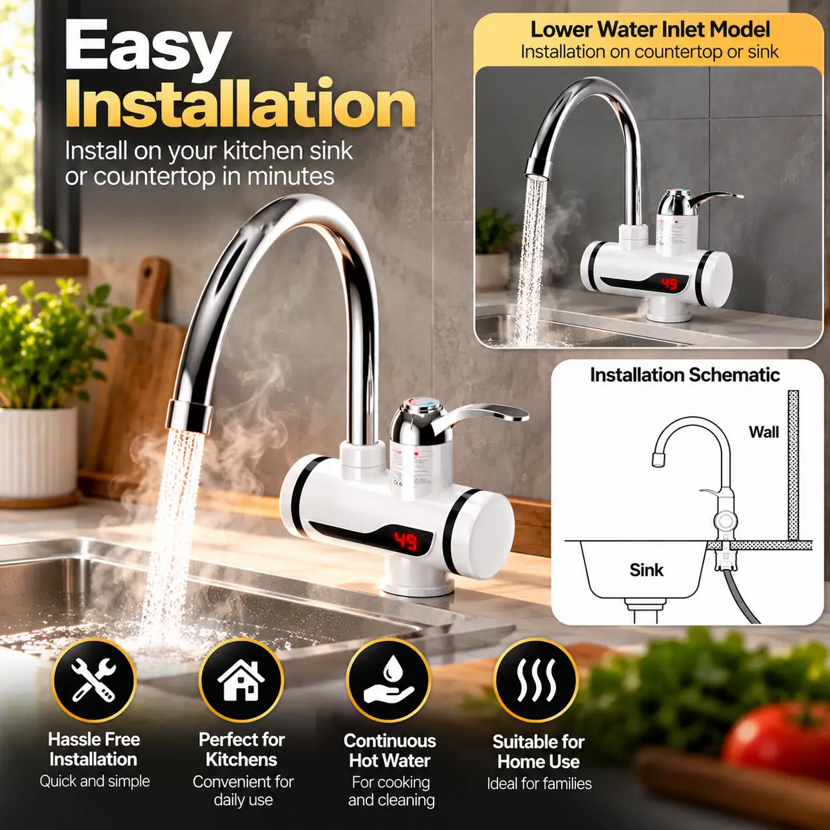 Instant 360 Electric Water Heating Tap Silver with Digital Temperature Display