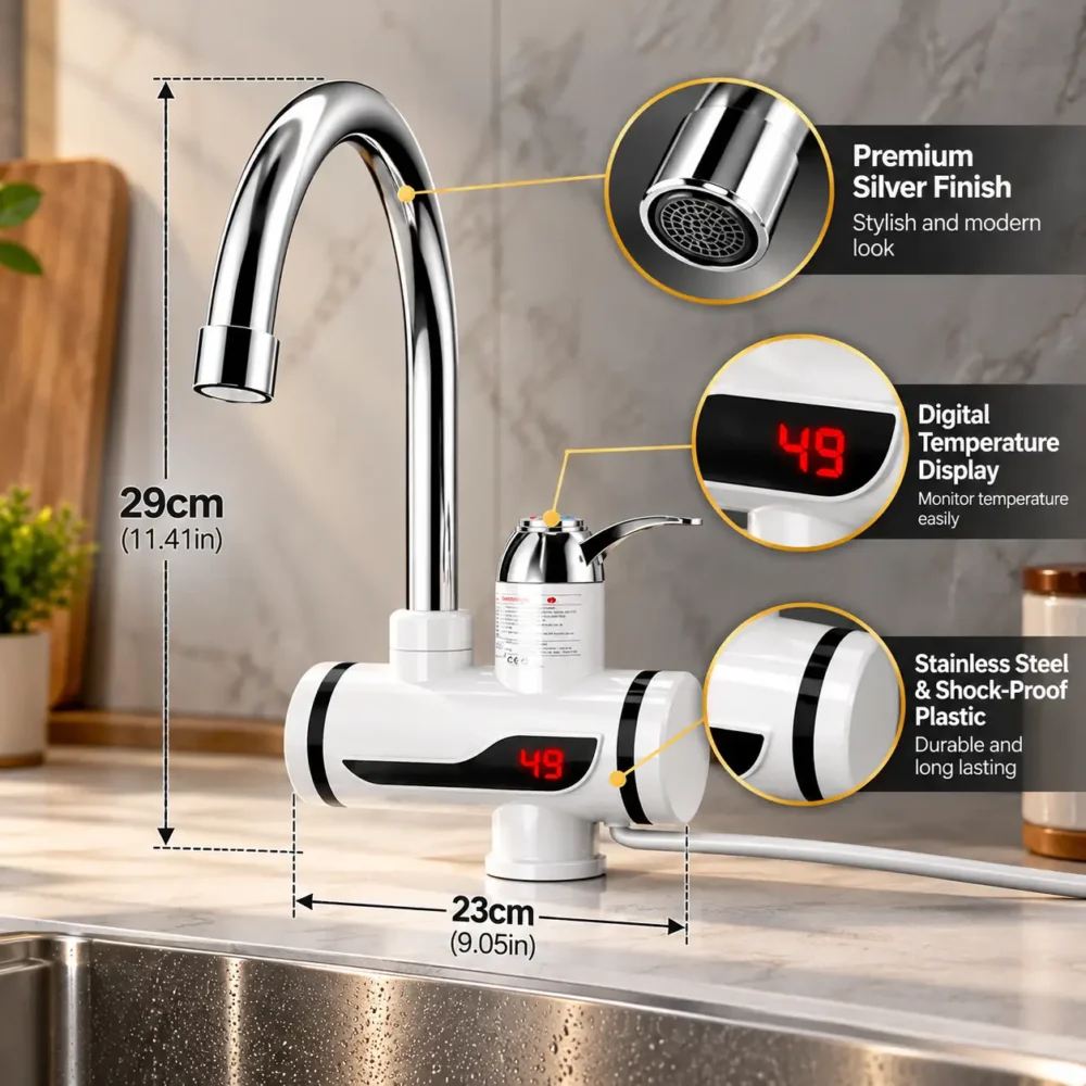 Instant 360 Electric Water Heating Tap Silver with Digital Temperature Display