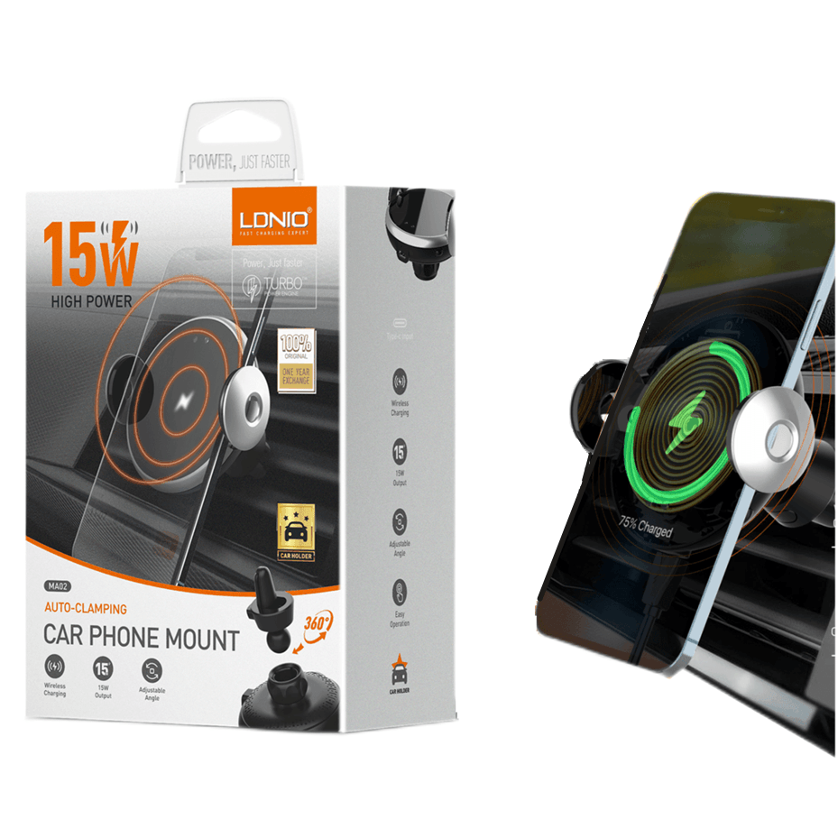LDNIO MA02 15W Car Wireless Charger Stand – Fast Charging & 360° Adjustable Phone Holder