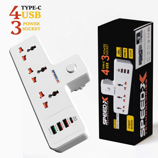 Speed-X Premium Portable Power Strip 3 Socket + 3 USB + 1 Type-C