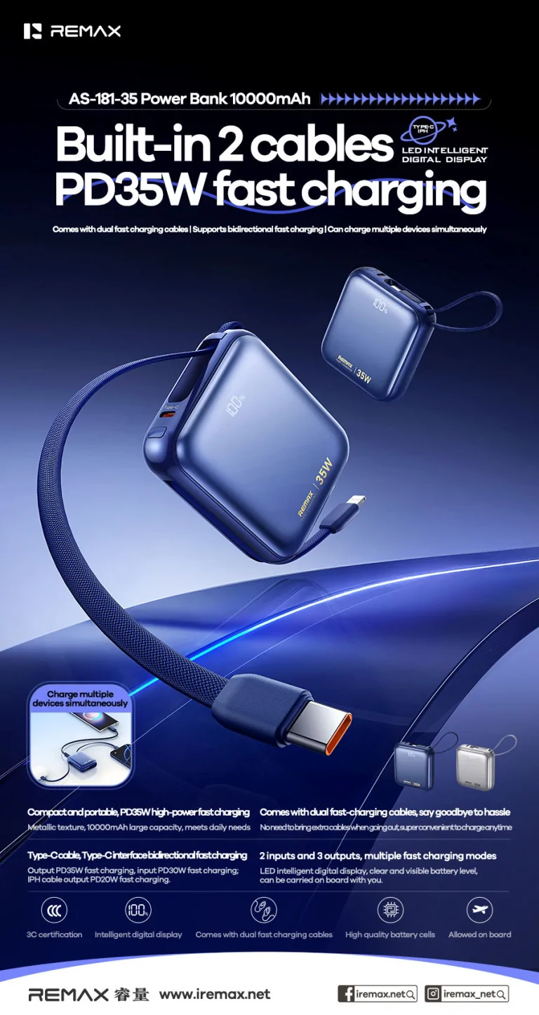 REMAX AS-181-35 10000mAh 35W Fast Charging Power Bank with Built-In Dual Cables