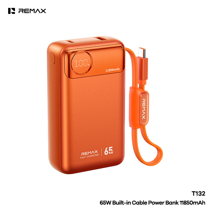 REMAX T132 11850mAh 65W PD Laptop Power Bank with Built-In Type-C Cable – Orange
