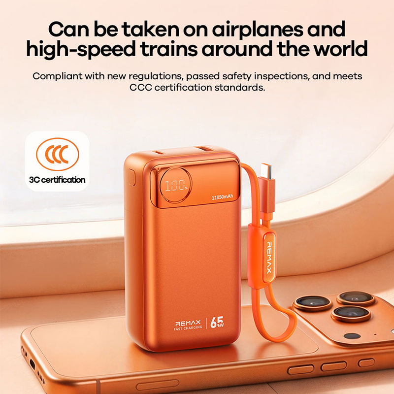 REMAX T132 11850mAh 65W PD Laptop Power Bank with Built-In Type-C Cable – Orange
