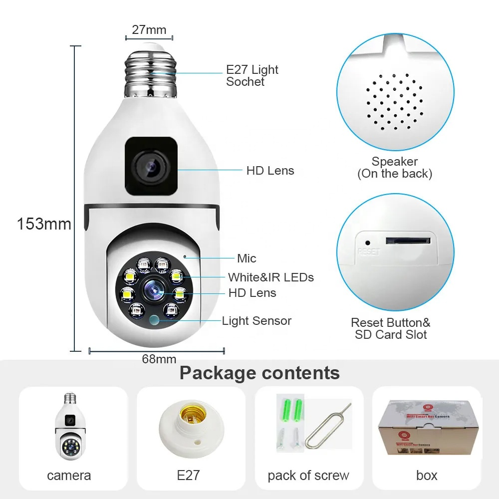 Speed-X SP-E28-2 Dual Lens Bulb Camera 1080P WiFi – Panoramic Night Vision & Motion Detection