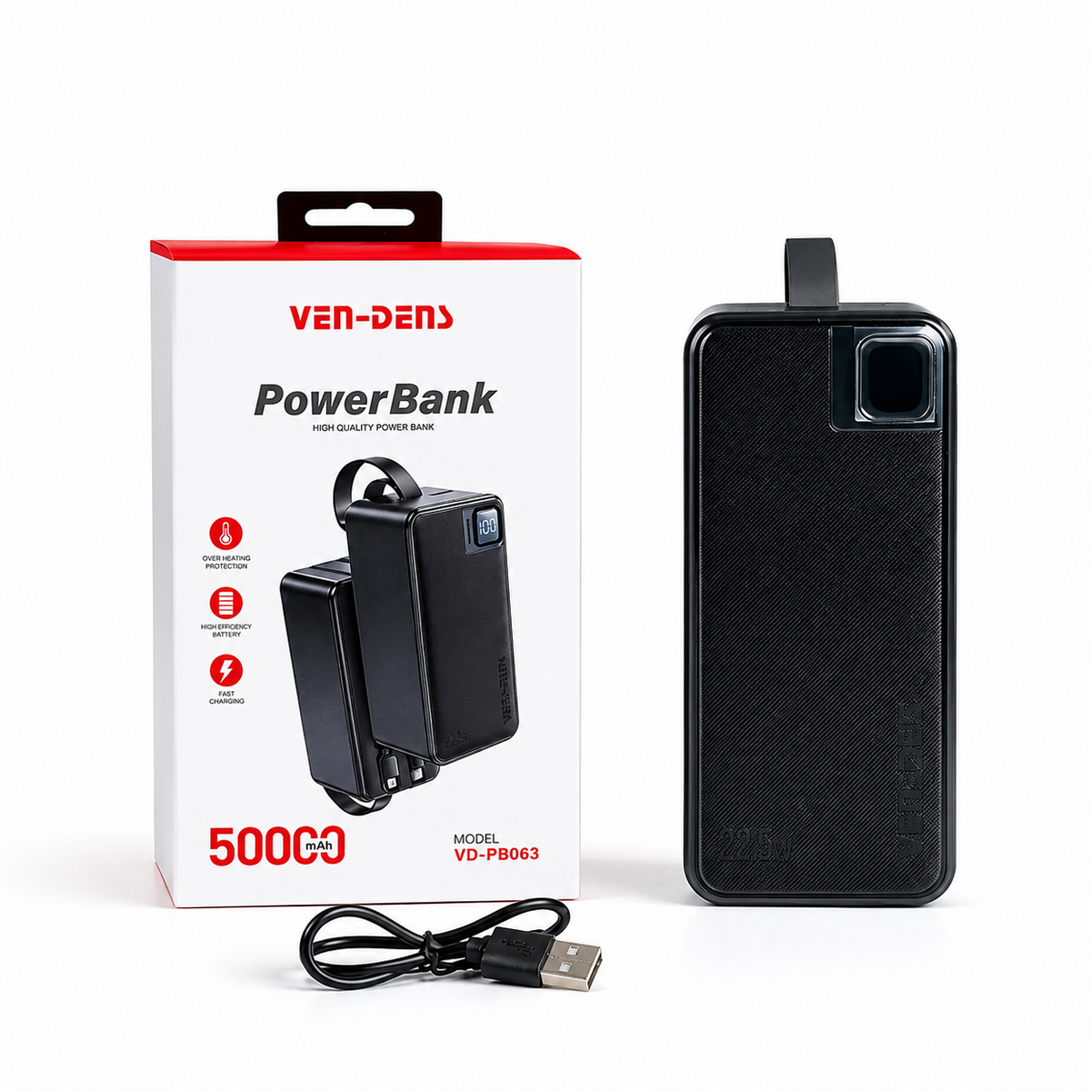 Ven Dens VD-PB058 10000mAh Power Bank – 22.5W Fast Charging with Built-in Type-C & Lightning Cables