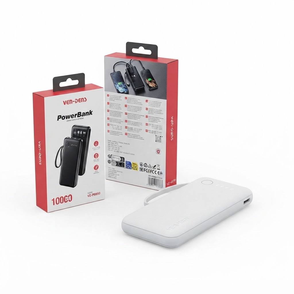 Ven Dens VD-PB058 10000mAh Power Bank – 22.5W Fast Charging with Built-in Type-C & Lightning Cables